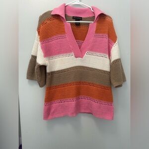 Designer Women's V-Neck Striped Sweater - Pink, Orange, and Brown